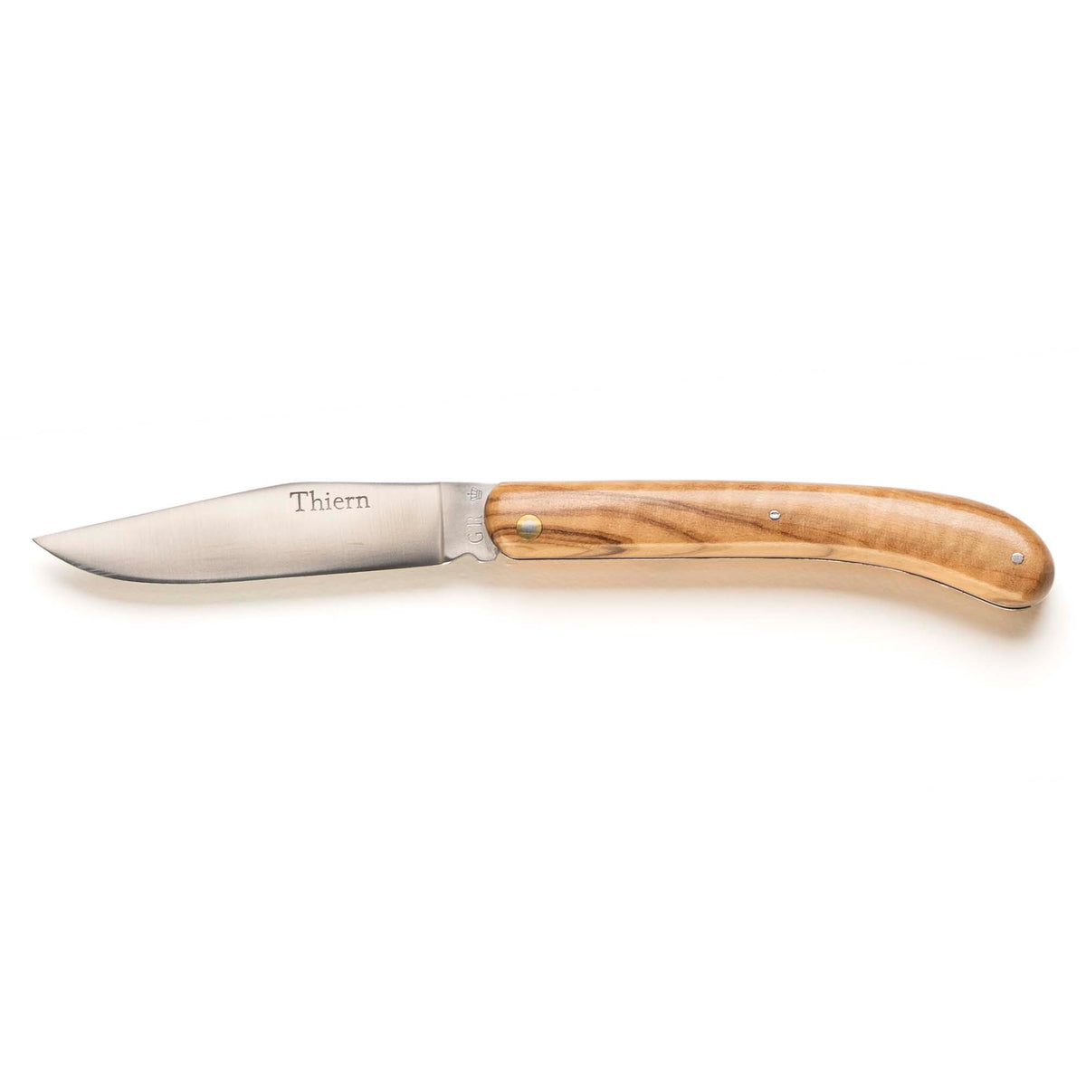 Thiern folding knife by Thiers-Issard with olive wood handle, open, side view