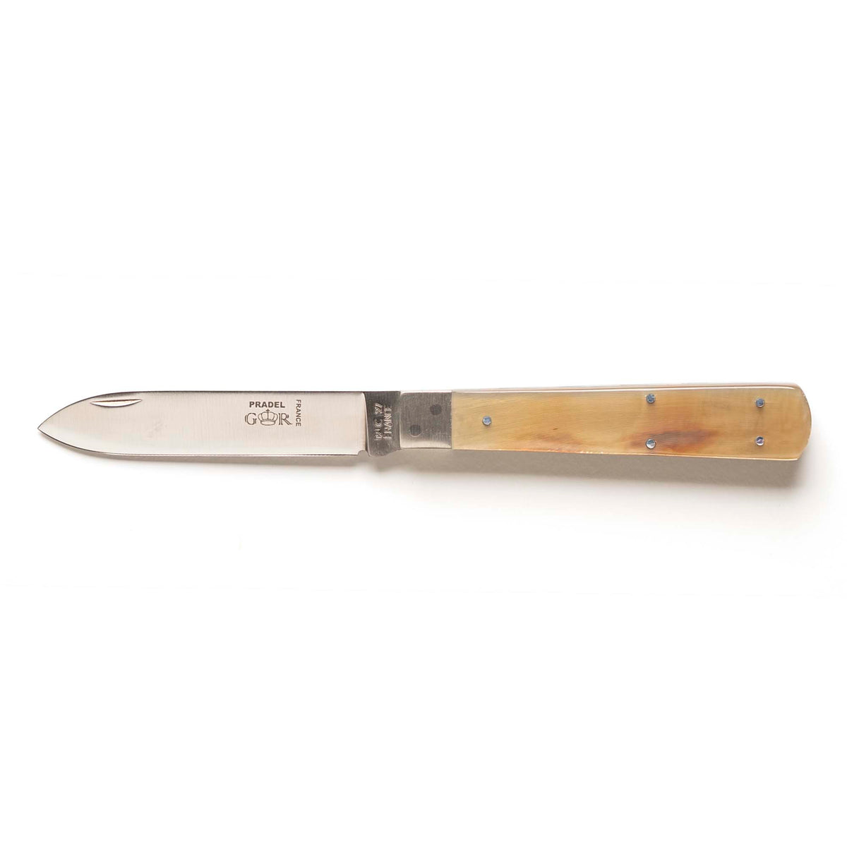 Pradel folding knife by Thiers-Issard with blond horn handle, open, side view