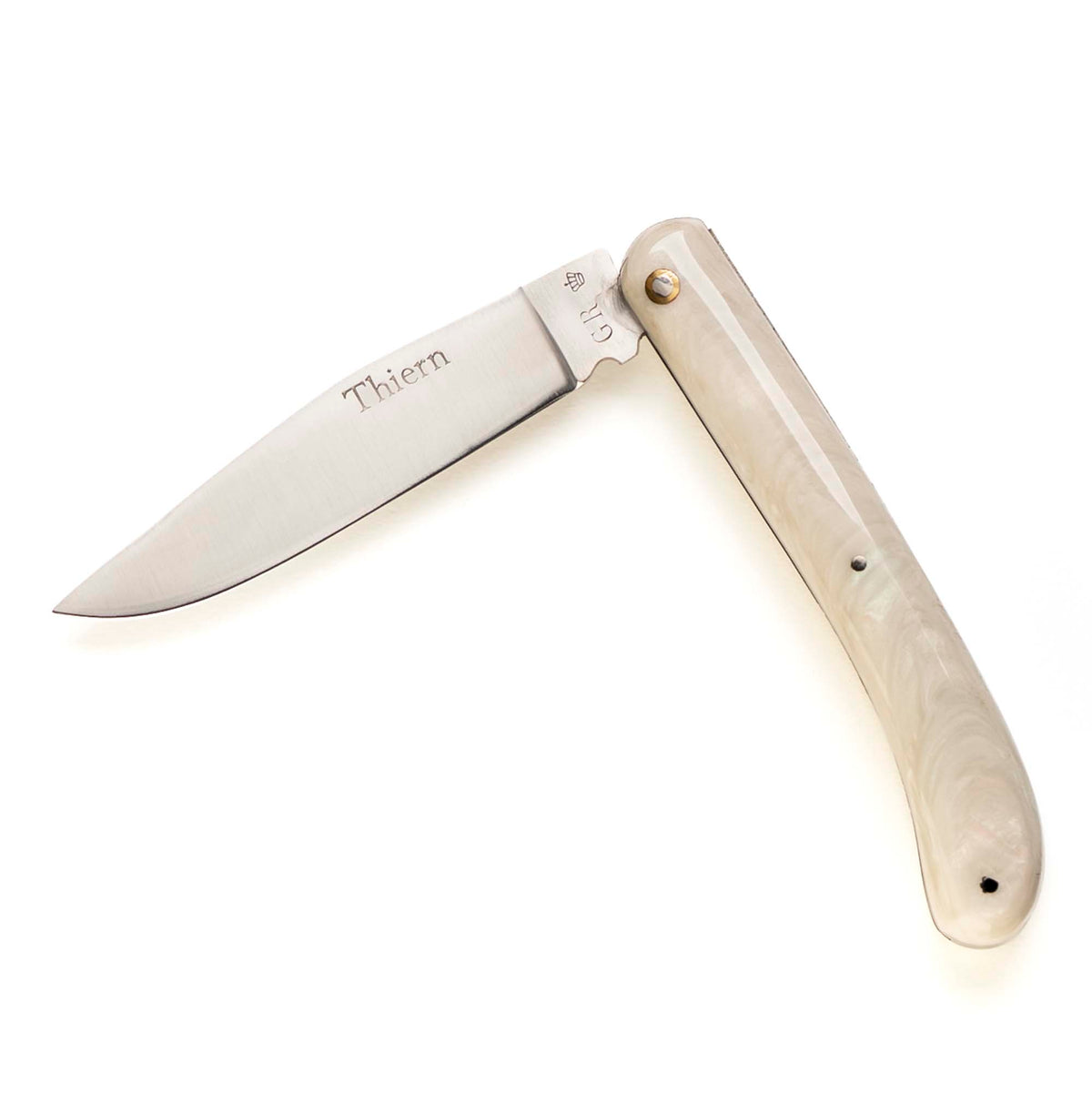 Thiern folding knife by Thiers-Issard with pearl-white acrylic handle, half open