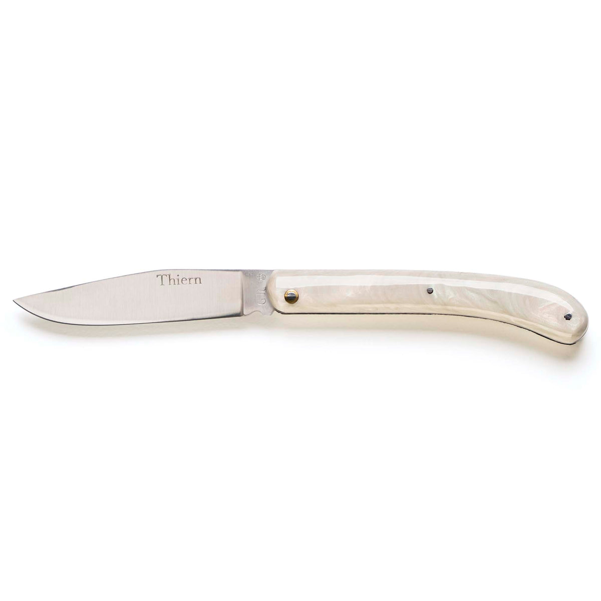Thiern folding knife by Thiers-Issard with pearl-white acrylic handle, open, side view