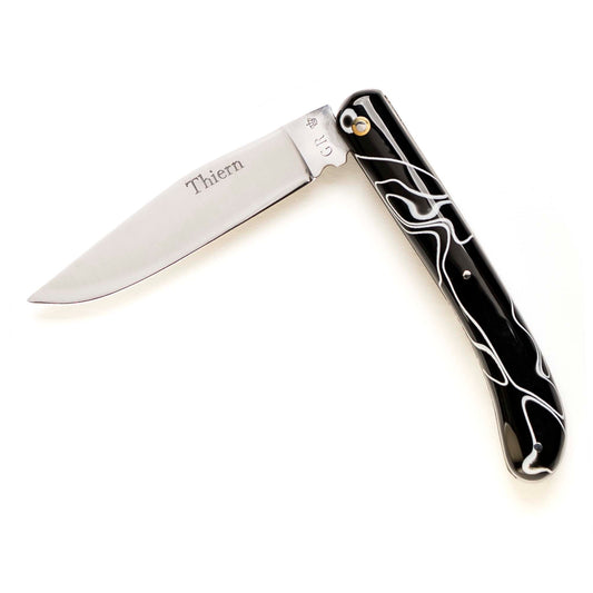 Thiern folding knife by Thiers-Issard with black and white acrylic pearl handle, half open
