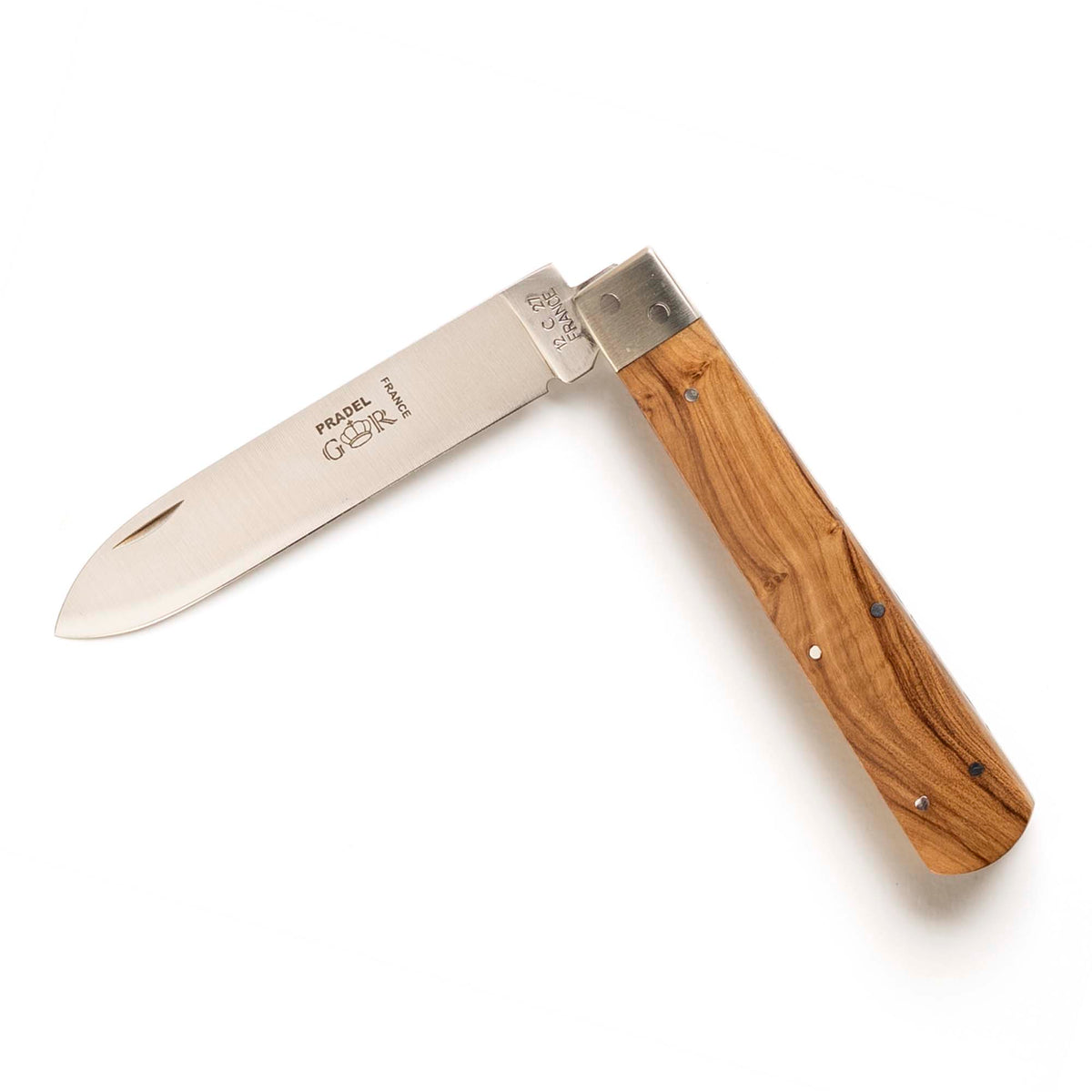 Pradel folding knife by Thiers-Issard with olive wood handle, half open