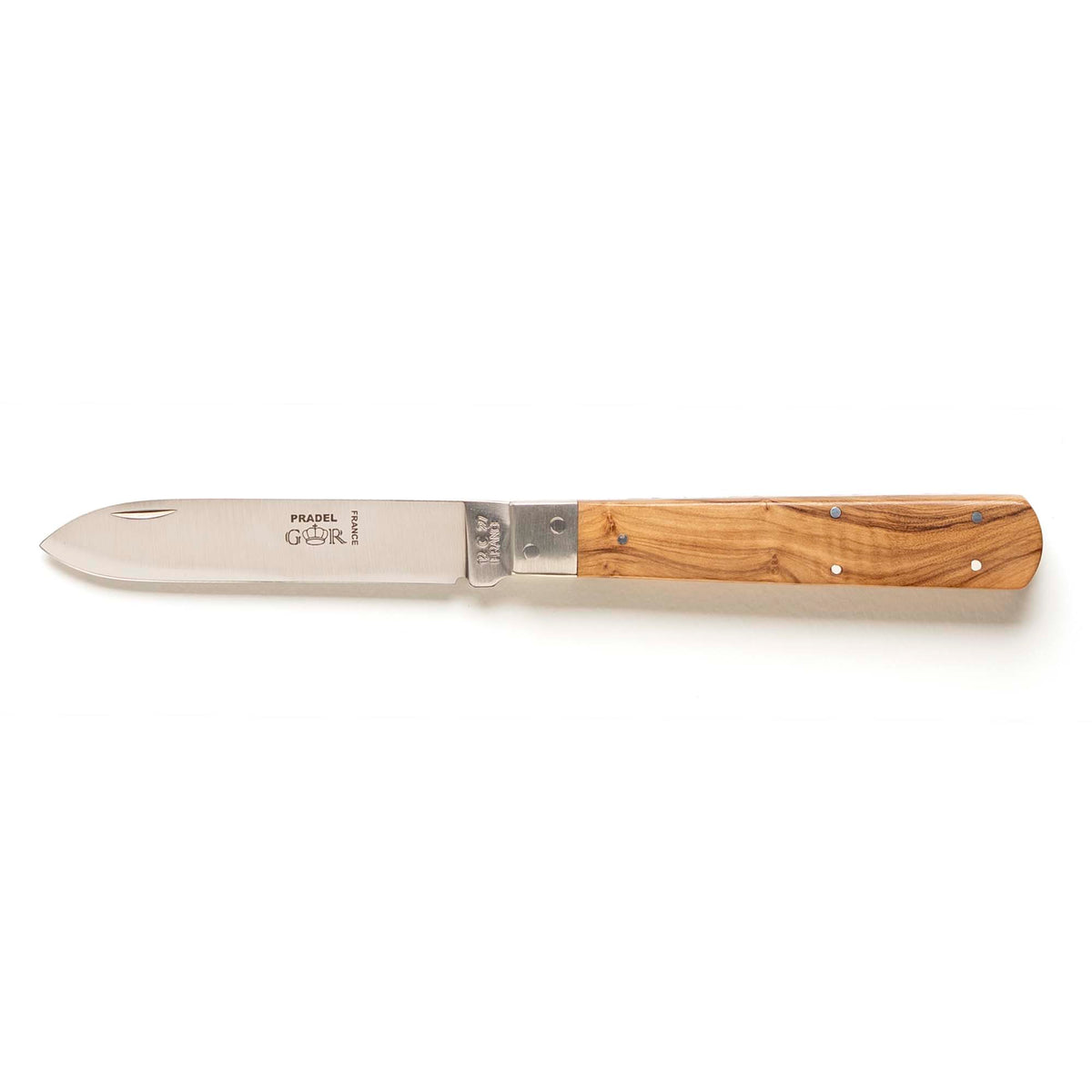 Pradel folding knife by Thiers-Issard with olive wood handle, open, side view