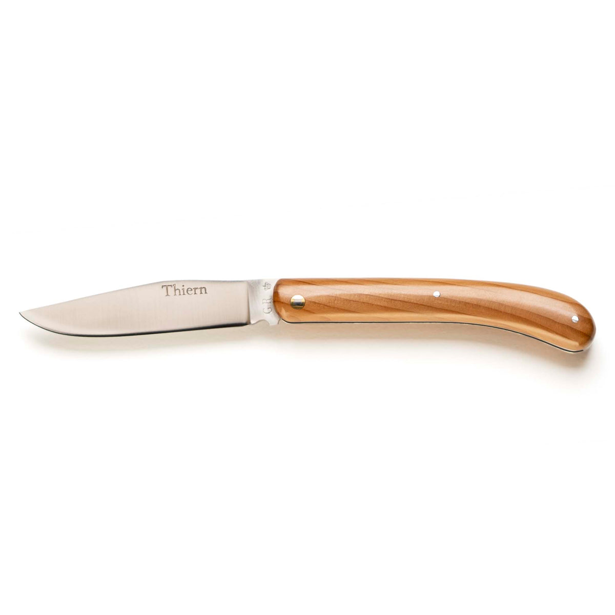 Thiern folding knife by Thiers-Issard with yew wood handle, open, side view